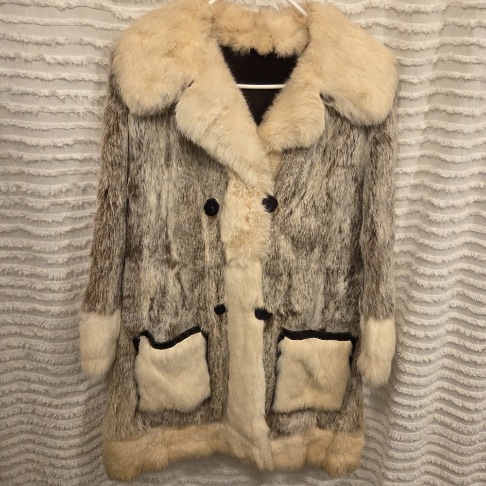Vintage 70s/80s Fur Coat Double Breasted Leather Trim Y2K‎ Style